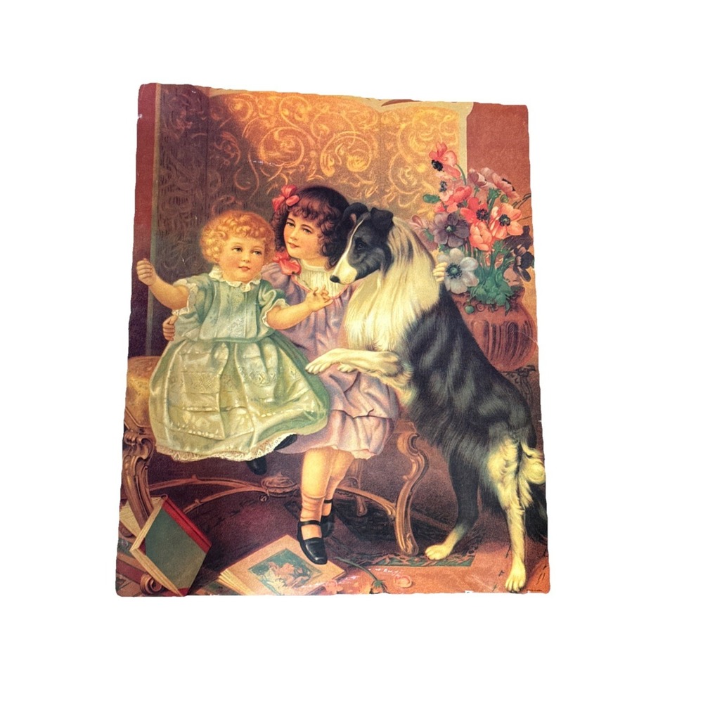 VICTORIAN PRINT GIRLS WITH COLLIE DOG CHILDREN 20 x 16 in PRINTED KOREA